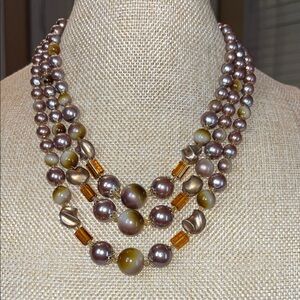 Vintage Japan Three Strand Beaded Necklace Multicolor